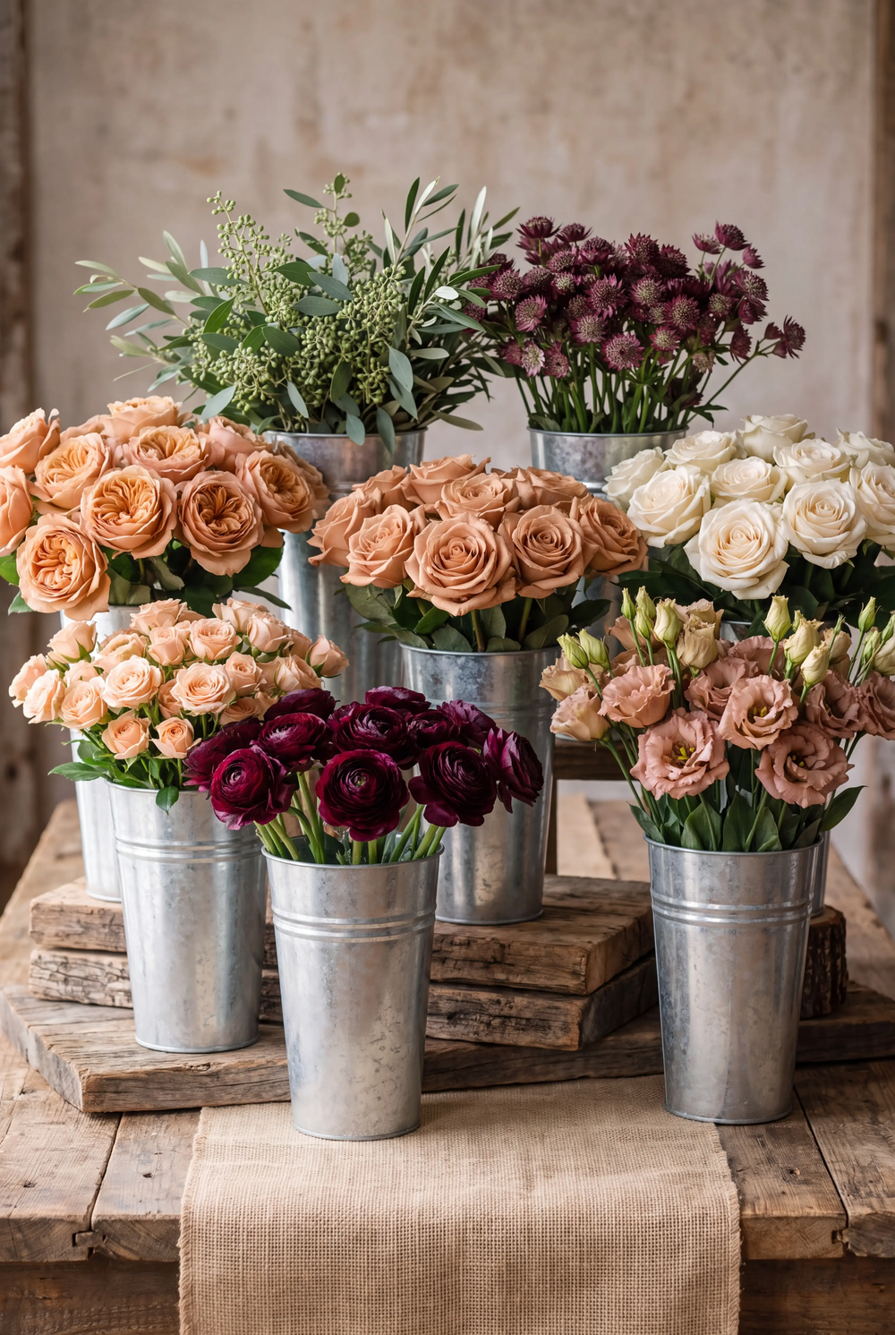 Galvanized florist buckets on a rustic wood table holding terracotta roses, burgundy ranunculus, blush lisianthus, and eucalyptus.